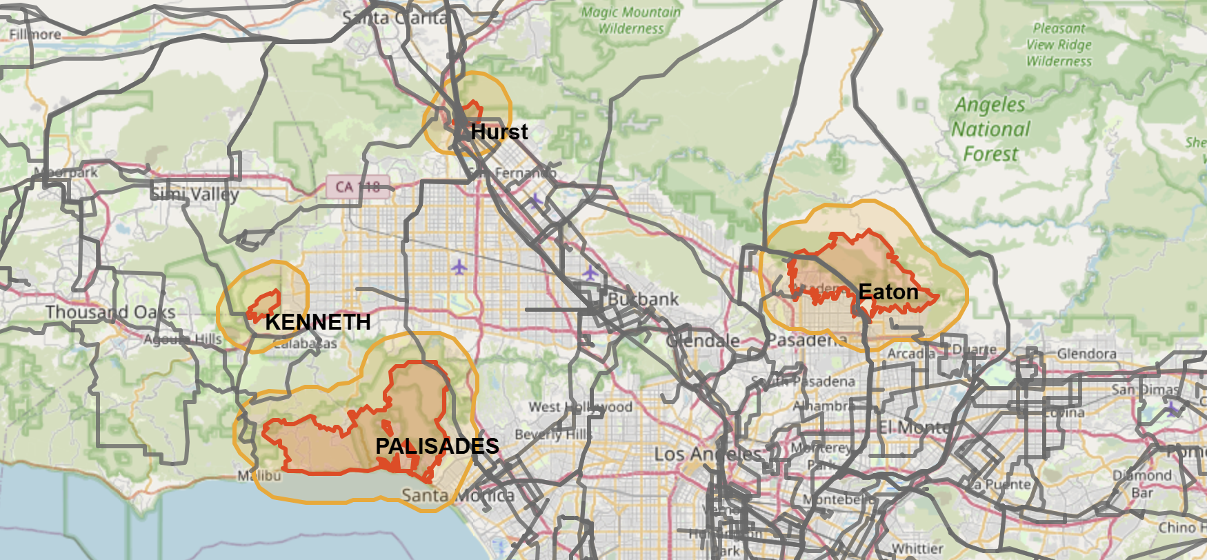 4 concurent California wildfires